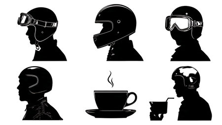 Cafe Racer and Biker Lifestyle Element Silhouette Set isolated on plain white background.のイラスト素材