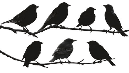 Bird silhouettes with varied wing and leg positions isolated on plain white background.のイラスト素材