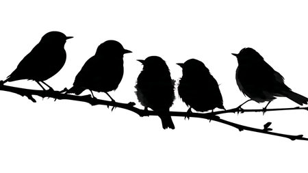 Nesting bird silhouettes on a branch, black solid isolated on plain white background.のイラスト素材