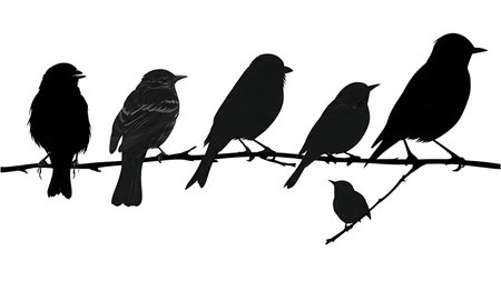 Bird silhouettes with crests and tail feathers on branch isolated on plain white background.のイラスト素材