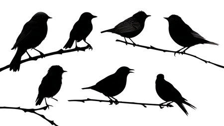 Birds with slightly open wings on a branch, black isolated on plain white background.のイラスト素材