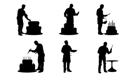 Person Decorating a Cake with Piping Bag Silhouette Set isolated on plain white background.のイラスト素材