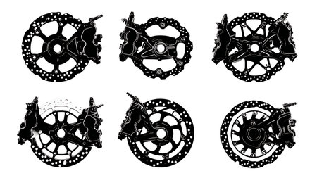 Motorcycle Disc Brake and Caliper Silhouette Pack isolated on plain white background.のイラスト素材