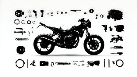 Exploded View Diagram of Motorcycle Parts Silhouette Pack isolated on plain white background.のイラスト素材