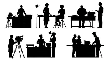 Cooking Competition TV Show Scene Silhouette Set isolated on plain white background.のイラスト素材
