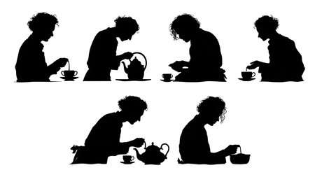 Person Making Tea with Teapot and Teacup Silhouette Set isolated on plain white background.のイラスト素材