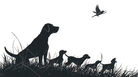 Hunting Dog on Point Bird Location Silhouette Pack isolated on plain white background.のイラスト素材
