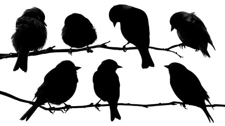 Birds preening feathers on a branch, black solid isolated on plain white background.のイラスト素材