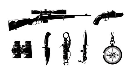 Essential Hunting Equipment Silhouette Icon Collection isolated on plain white background.のイラスト素材
