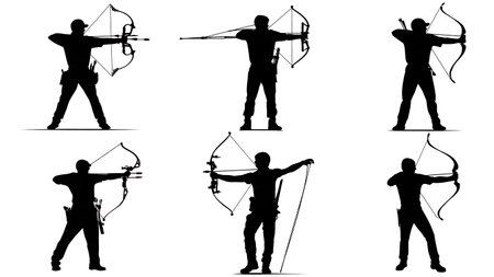 Hunter Drawing a Compound Bow Silhouette Modern Archery Set isolated on plain white background.のイラスト素材