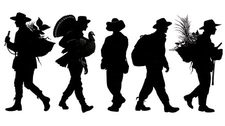 Hunter Carrying a Harvested Turkey Silhouette Collection isolated on plain white background.のイラスト素材