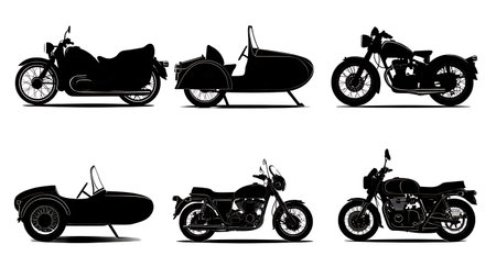 Classic Motorcycle with Sidecar Silhouette Vector Pack isolated on plain white background.のイラスト素材