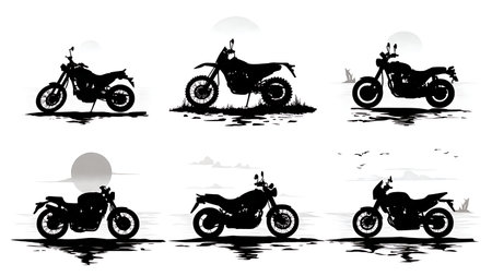 Motorcycle on Beach at Sunset Vacation Silhouette Collection isolated on plain white background.のイラスト素材