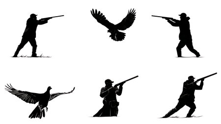Hunter Raising Shotgun to Shoot a Flying Bird Silhouette Set isolated on plain white background.のイラスト素材