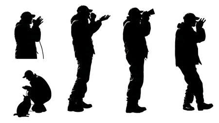 Hunter Using Various Animal Calls Silhouette Collection isolated on plain white background.のイラスト素材