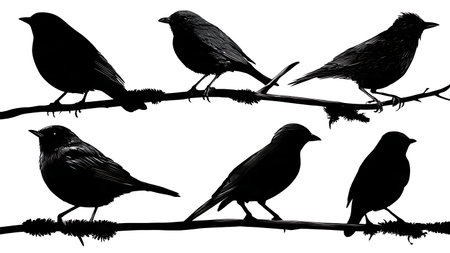 Woodland bird silhouettes on a mossy branch, black isolated on plain white background.のイラスト素材