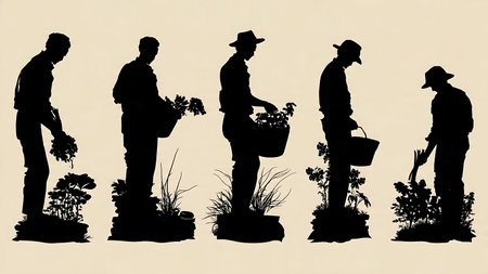 Person Harvesting Fresh Vegetables from Garden Silhouette Collection isolated on plain white background.のイラスト素材