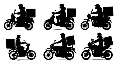 Motorcycle Delivery Service Rider Silhouette Set isolated on plain white background.のイラスト素材
