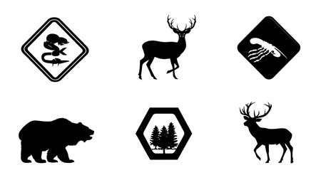 Hunting Area and Safety Warning Sign Silhouette Collection isolated on plain white background.のイラスト素材