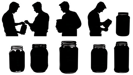 Person Canning and Preserving Food in Jars Silhouette Set isolated on plain white background.のイラスト素材