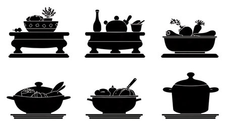 Kitchen Island with Cooking Prep Elements Silhouette Set isolated on plain white background.のイラスト素材