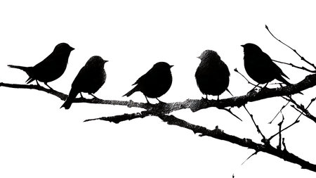Birds on a thick textured branch, black solid isolated on plain white background.のイラスト素材