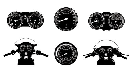 Motorcycle Dashboard and Speedometer Silhouette Set isolated on plain white background.のイラスト素材