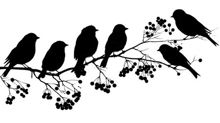Birds on a branch with berries, black solid silhouettes isolated on plain white background.のイラスト素材