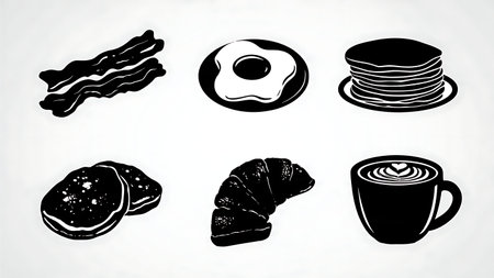 Classic Breakfast Food Silhouette Vector Pack isolated on plain white background.のイラスト素材