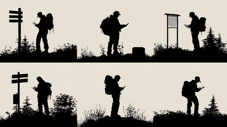 Hunter at Trailhead with Map Planning Route Silhouette Set isolated on plain white background.のイラスト素材