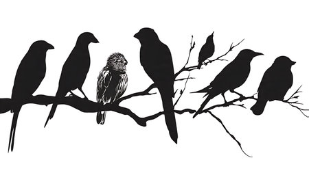 Exotic bird silhouettes on tropical branch, black solid isolated on plain white background.のイラスト素材