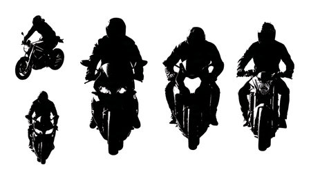 Diverse Body Type Motorcycle Rider Silhouette Inclusivity Pack isolated on plain white background.のイラスト素材