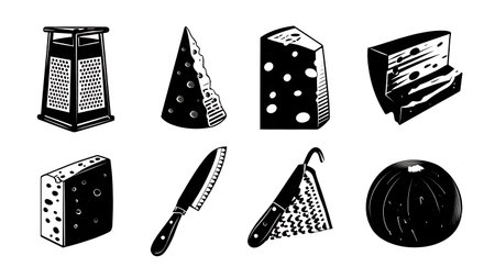 Cheese Varieties and Tools Silhouette Set isolated on plain white background.のイラスト素材