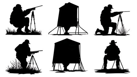 Hunter in a Pop-Up Ground Blind Silhouette Collection isolated on plain white background.のイラスト素材