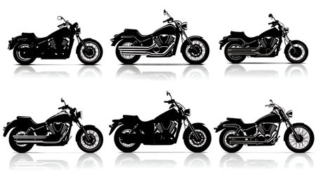 Classic Cruiser Motorcycle Silhouette Vector Set of Six isolated on plain white background.のイラスト素材