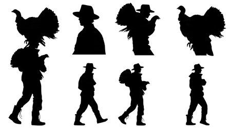 Hunter Carrying a Harvested Turkey Silhouette Collection isolated on plain white background.のイラスト素材
