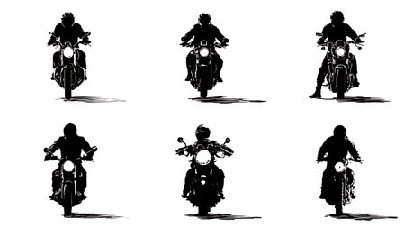 Solo Motorcycle Rider on Open Road Silhouette Set isolated on plain white background.のイラスト素材