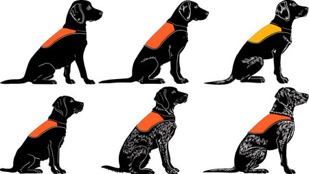 Hunting Dog in a Safety Vest Silhouette Set isolated on plain white background.のイラスト素材