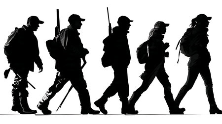 Group of Hunters Showing Teamwork Silhouette Collection isolated on plain white background.のイラスト素材
