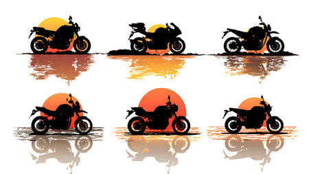 Motorcycle on Beach at Sunset Vacation Silhouette Collection isolated on plain white background.のイラスト素材
