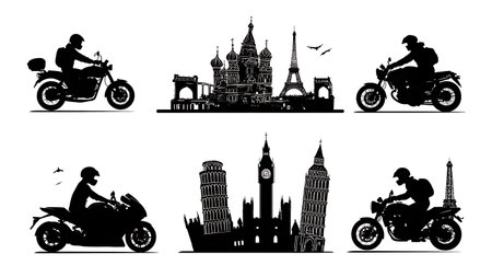 Motorcycle Rider at World Landmarks Travel Silhouette Collection isolated on plain white background.のイラスト素材