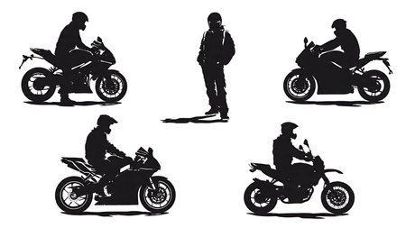 Motorcycle Rider Poses Black Silhouette Vector Set isolated on plain white background.のイラスト素材
