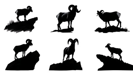 Mountain Game Bighorn Sheep and Goat Silhouette Collection isolated on plain white background.のイラスト素材
