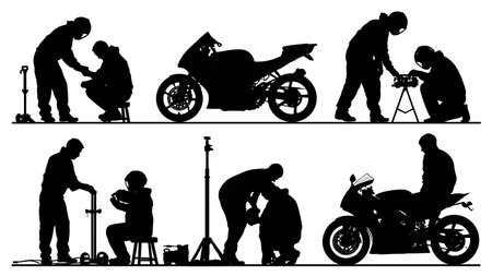 Motorcycle Mechanic at Work Silhouette Vector Pack isolated on plain white background.のイラスト素材