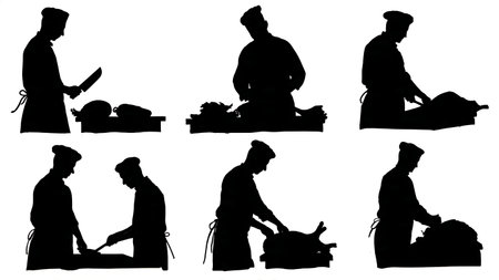 Butcher with Meat Cuts and Cleaver Silhouette Set isolated on plain white background.のイラスト素材