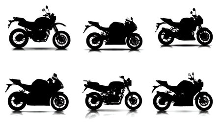 Lineup of Parked Motorcycles Silhouette Vector Set isolated on plain white background.のイラスト素材