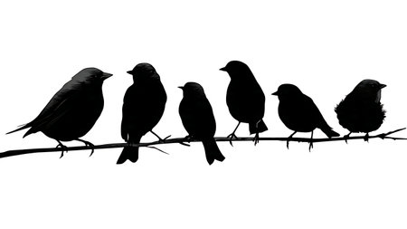 Birds on a horizontal branch with varied orientations isolated on plain white background.のイラスト素材
