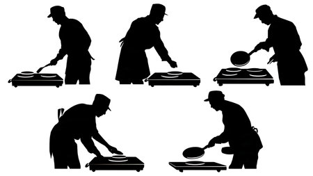 Person Flipping Pancakes on a Griddle Silhouette Collection isolated on plain white background.のイラスト素材