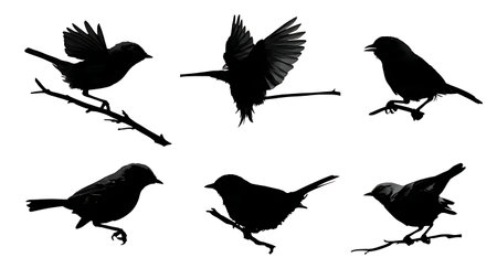 Birds with wings slightly spread on a branch, dynamic isolated on plain white background.のイラスト素材