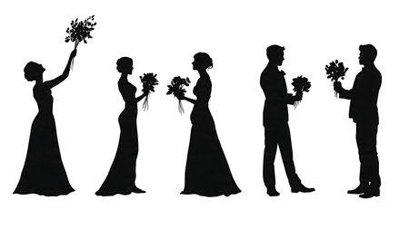Bride Tossing Bouquet Wedding Silhouette Set isolated on plain white background.のイラスト素材